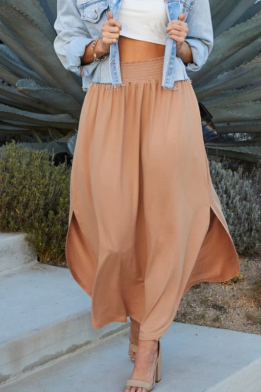 Smocking waist maxi skirt with side pockets, close shot, camel color