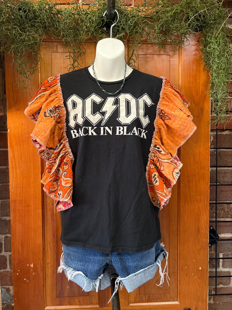 AC DC Back in Black ruffle sleeves kantha tee - Main Street Threads
