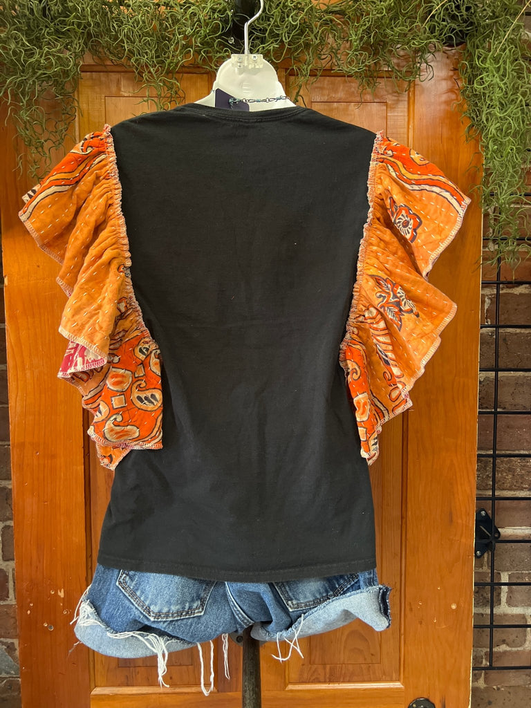 AC DC Back in Black ruffle sleeves kantha tee - Main Street Threads