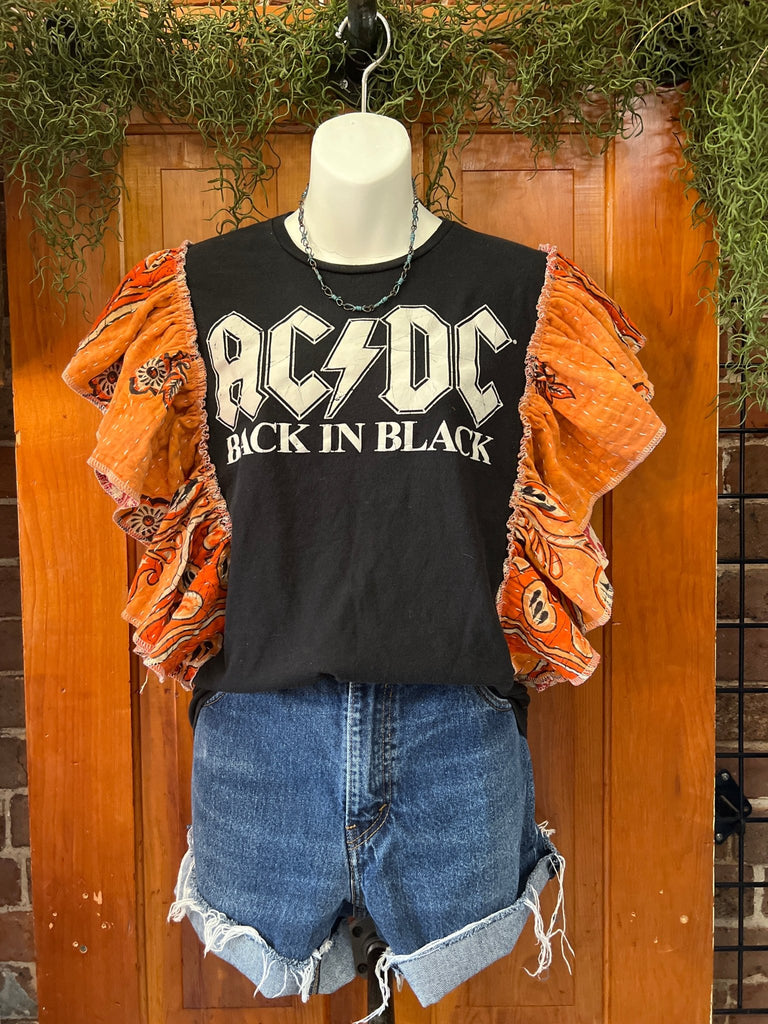 AC DC Back in Black ruffle sleeves kantha tee - Main Street Threads