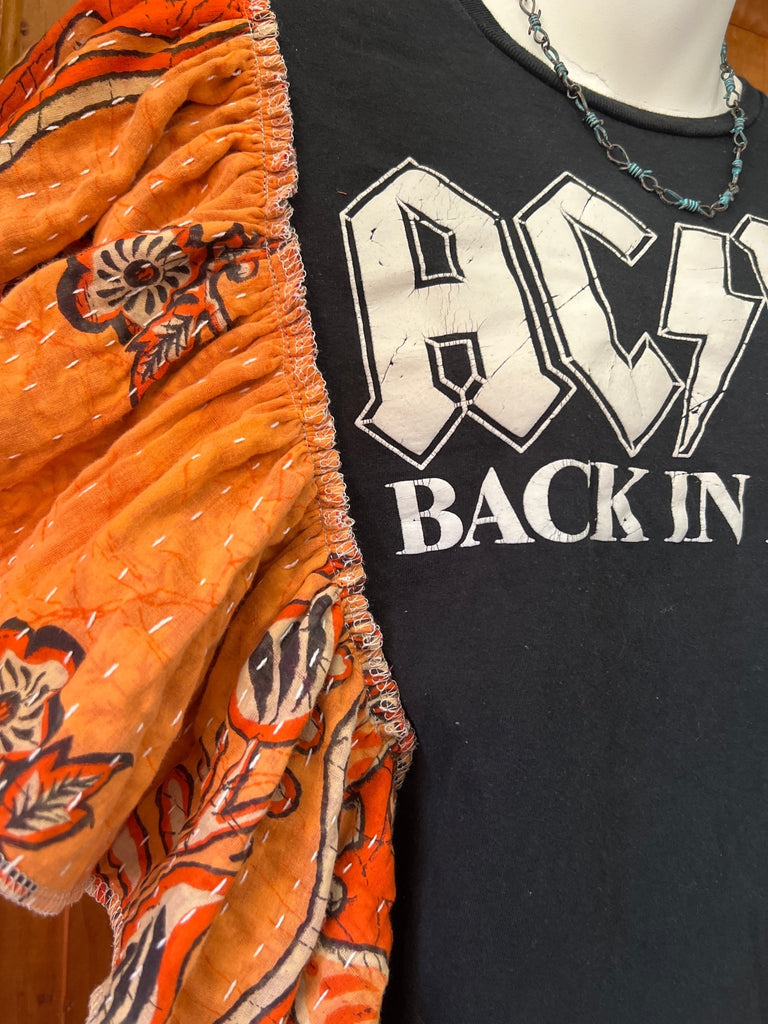 AC DC Back in Black ruffle sleeves kantha tee - Main Street Threads