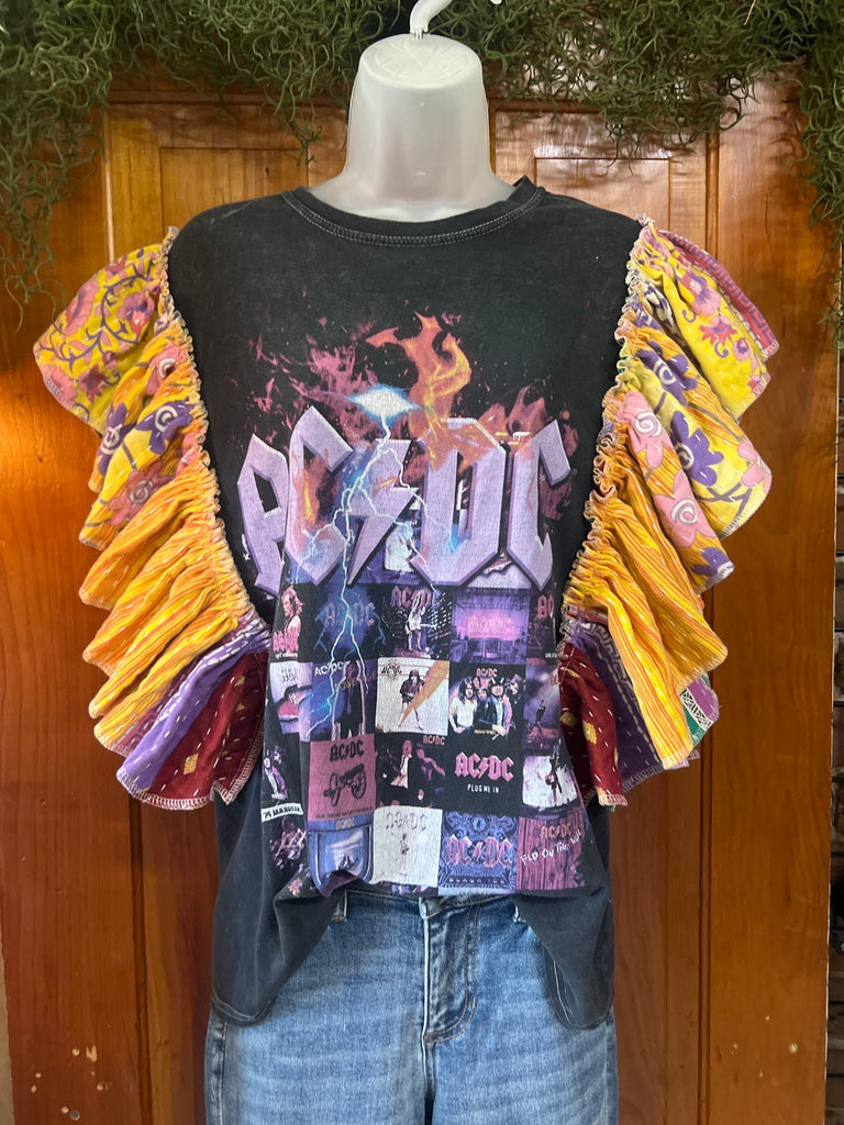 AC/DC album covers ruffle sleeves kantha tee - Main Street Threads
