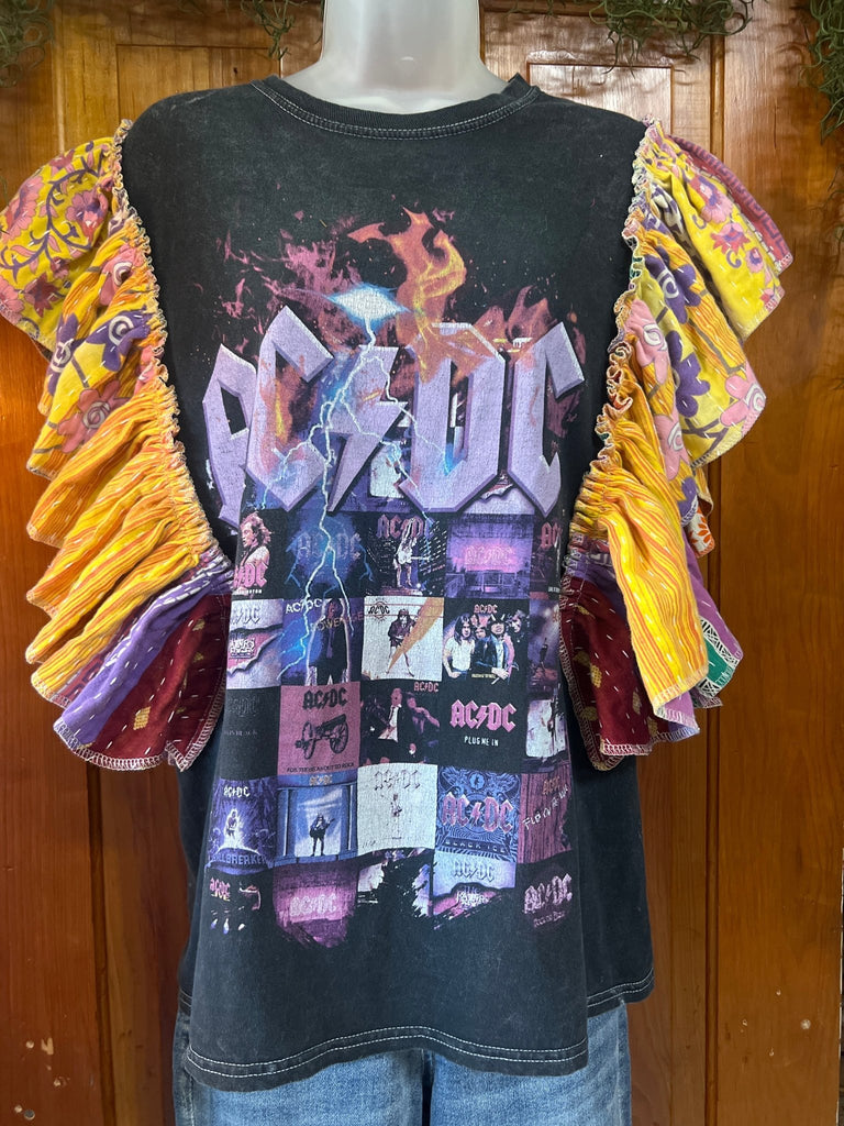 AC/DC album covers ruffle sleeves kantha tee - Main Street Threads