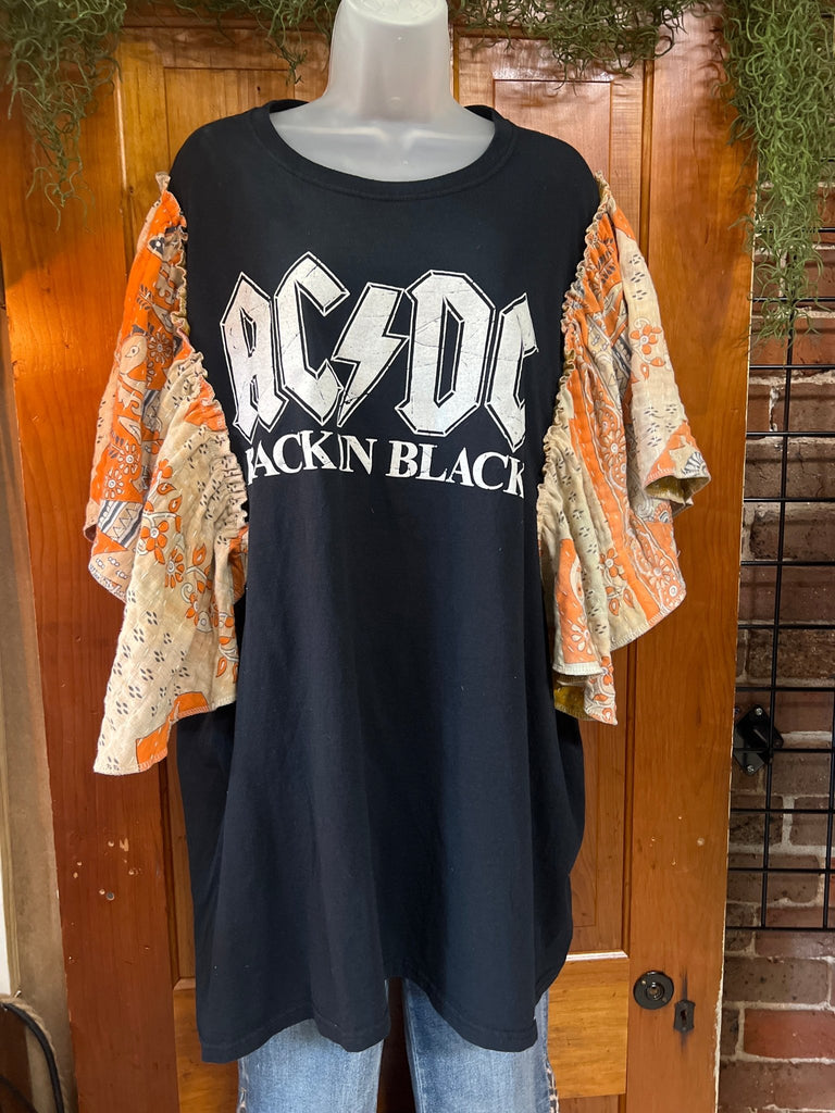 AC/DC BACK IN BLACK butterfly sleeves kantha tee - Main Street Threads