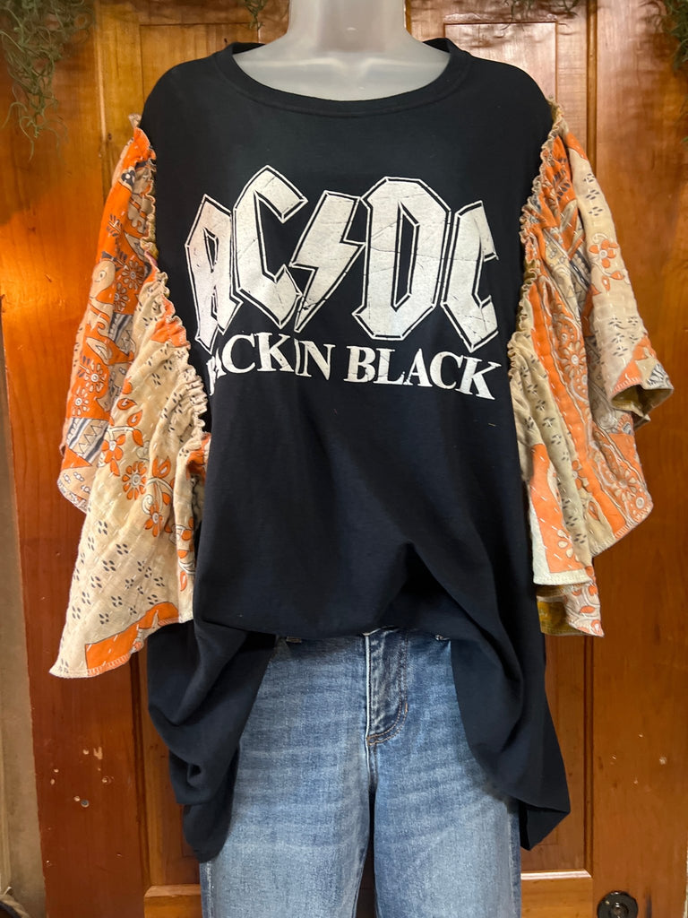 AC/DC BACK IN BLACK butterfly sleeves kantha tee - Main Street Threads