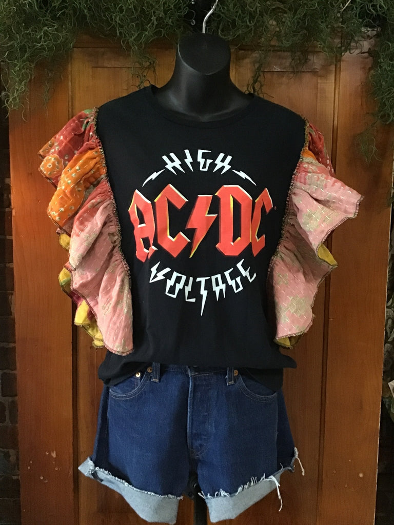 AC/DC High Voltage ruffle sleeves kantha tee - Main Street Threads