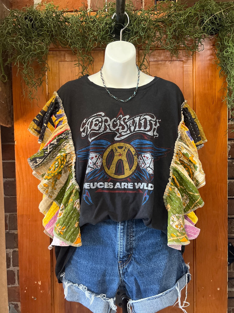 Aerosmith - Deuces are Wild ruffle sleeves kantha tee - Main Street Threads