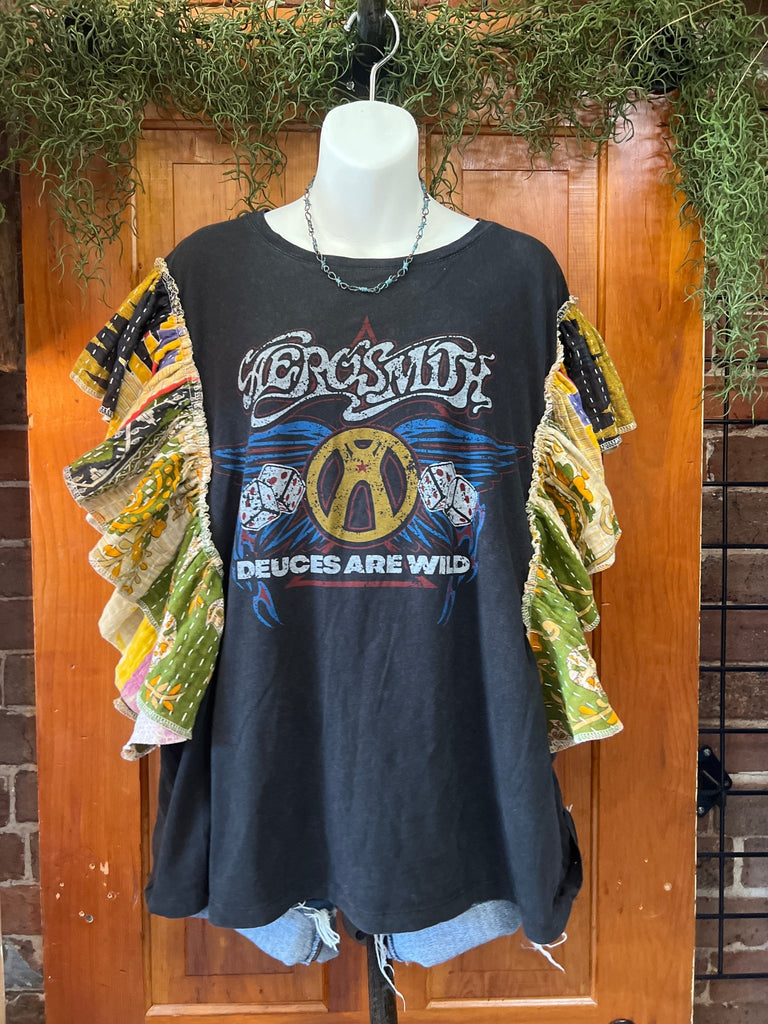 Aerosmith - Deuces are Wild ruffle sleeves kantha tee - Main Street Threads