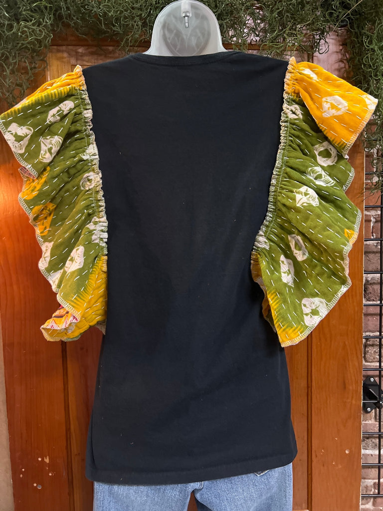 Back in Black AC/DC ruffle sleeves kantha tee - Main Street Threads