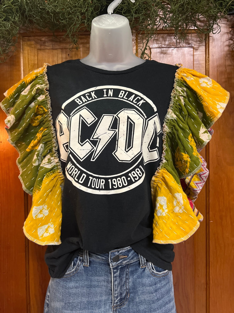 Back in Black AC/DC ruffle sleeves kantha tee - Main Street Threads