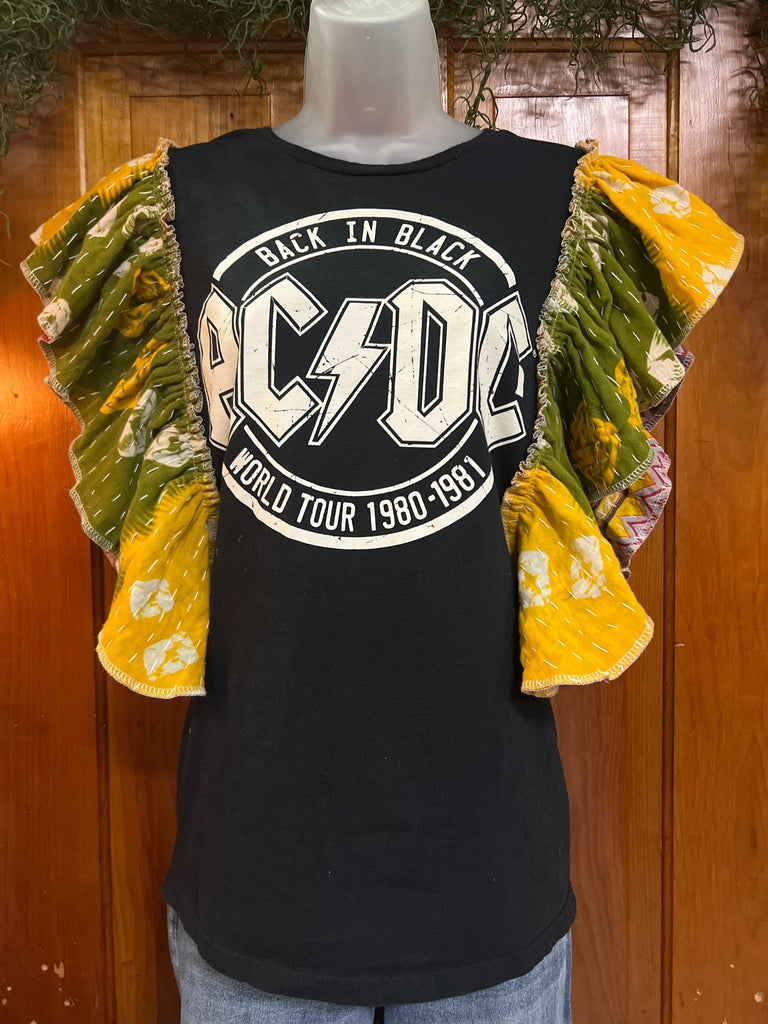 Back in Black AC/DC ruffle sleeves kantha tee - Main Street Threads