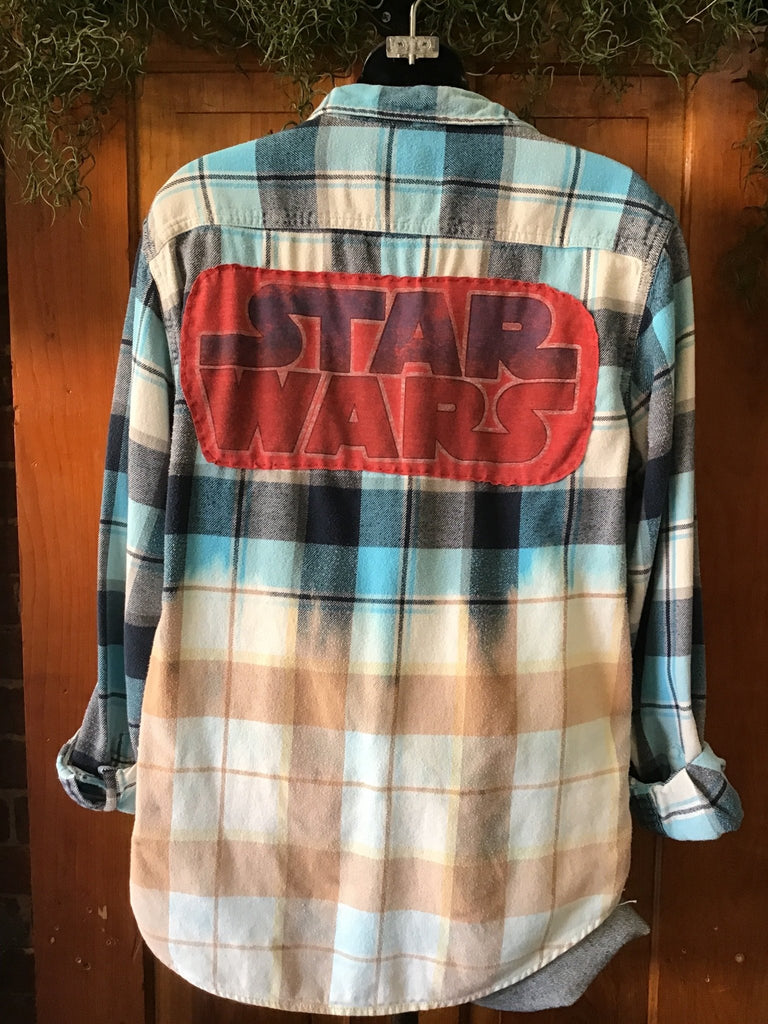 Bleached Upcycled Plaid Flannel with Patch on Back - Main Street Threads