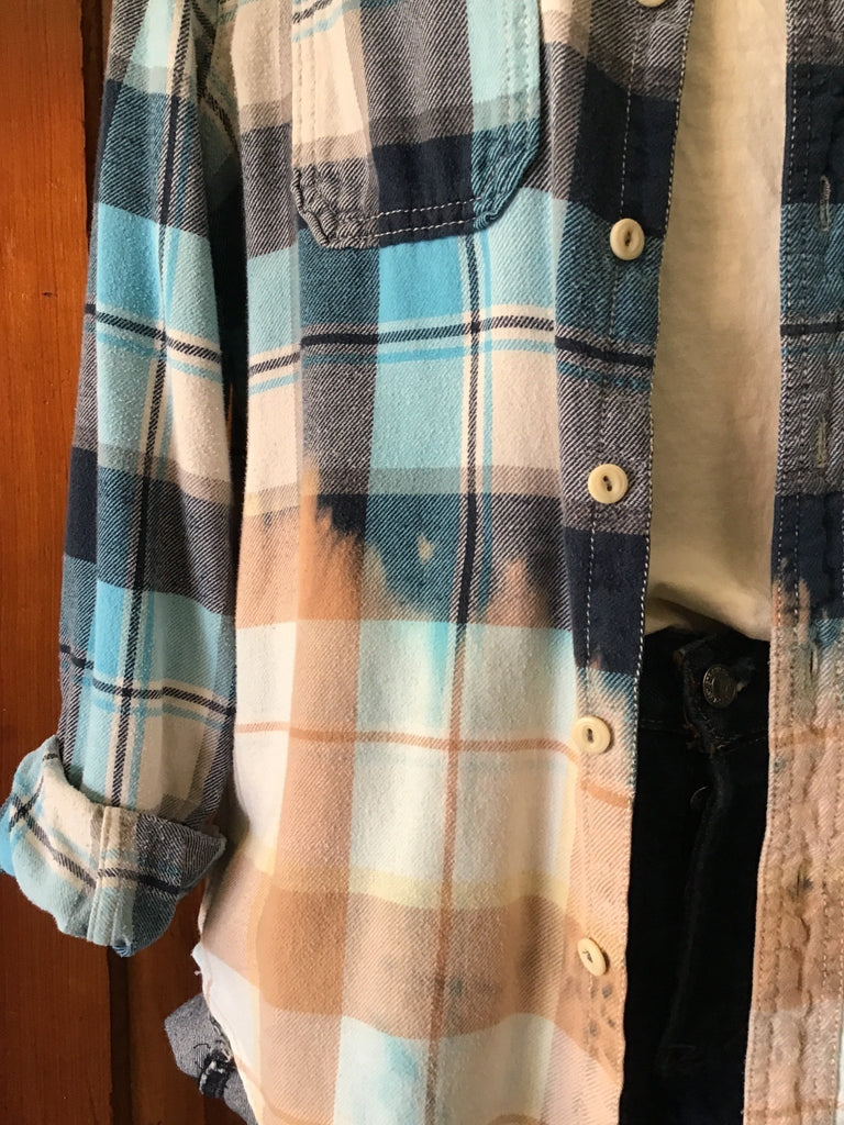 Bleached Upcycled Plaid Flannel with Patch on Back - Main Street Threads