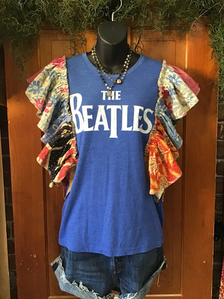 Blue BEATLES ruffle sleeves kantha tee - Main Street Threads