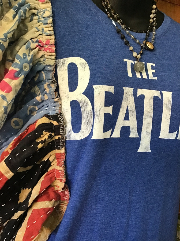 Blue BEATLES ruffle sleeves kantha tee - Main Street Threads