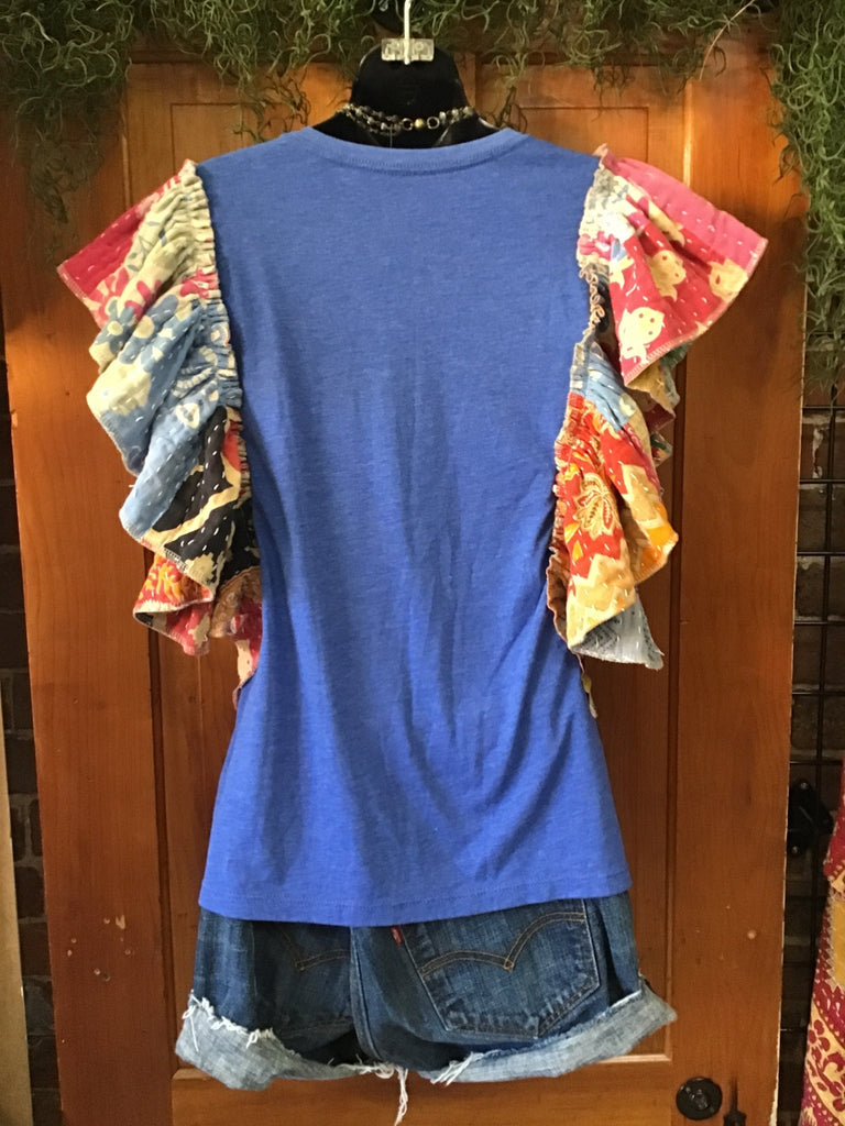 Blue BEATLES ruffle sleeves kantha tee - Main Street Threads