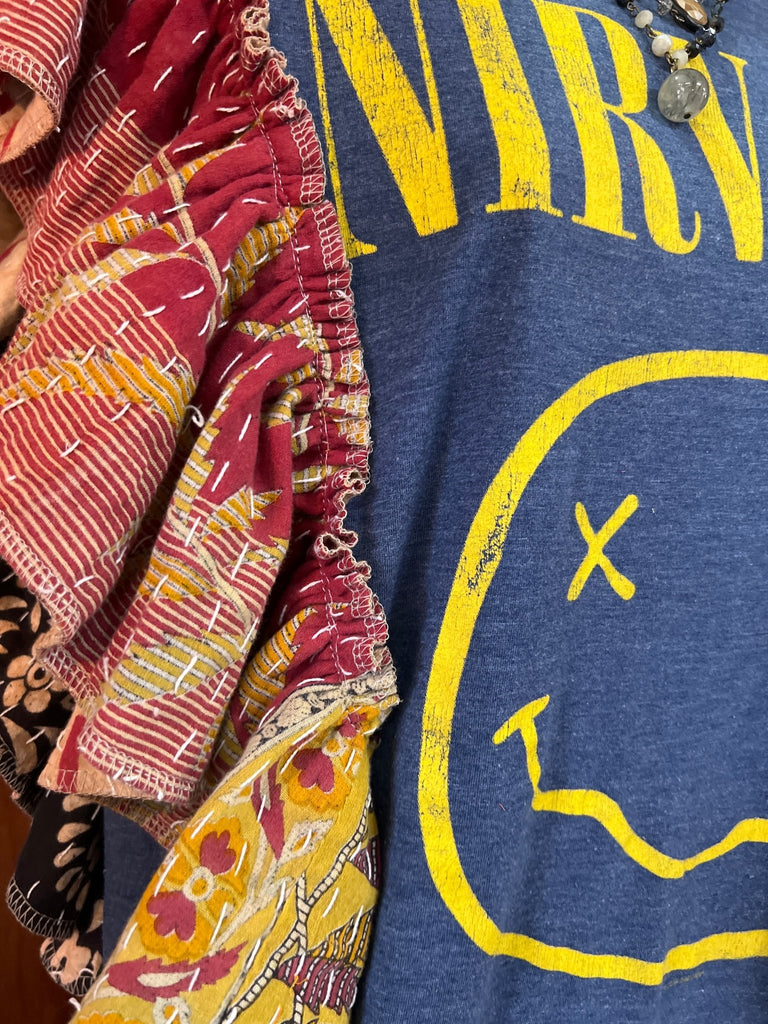 Blue Nirvana ruffle sleeves kantha tee - Main Street Threads