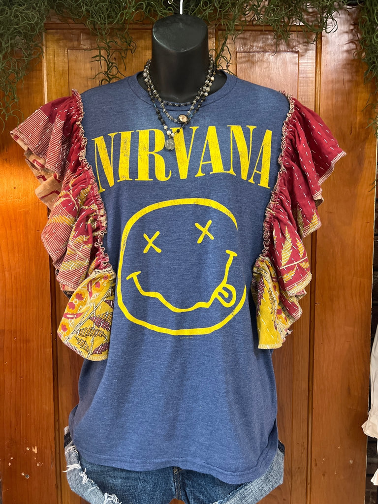 Blue Nirvana ruffle sleeves kantha tee - Main Street Threads
