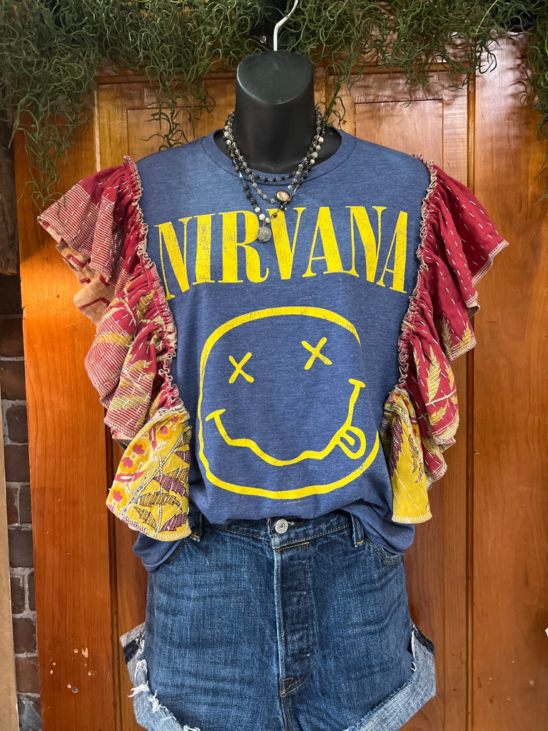 Blue Nirvana ruffle sleeves kantha tee - Main Street Threads