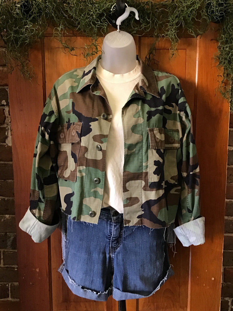 Camo jacket upcycled with denim - Main Street Threads