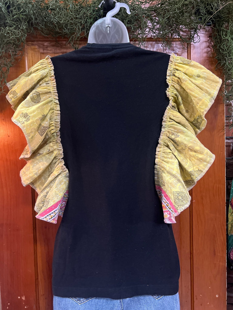 Dark side of the moon PINK FLOYD ruffle sleeves kantha tee - Main Street Threads