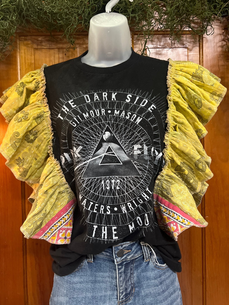 Dark side of the moon PINK FLOYD ruffle sleeves kantha tee - Main Street Threads