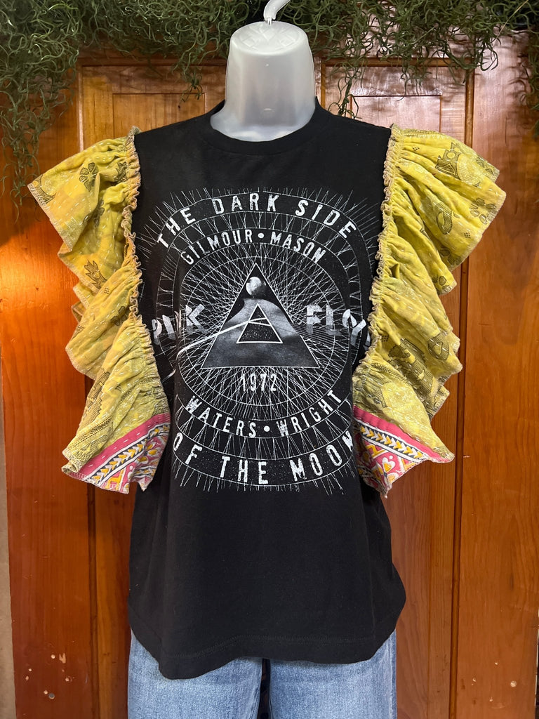 Dark side of the moon PINK FLOYD ruffle sleeves kantha tee - Main Street Threads