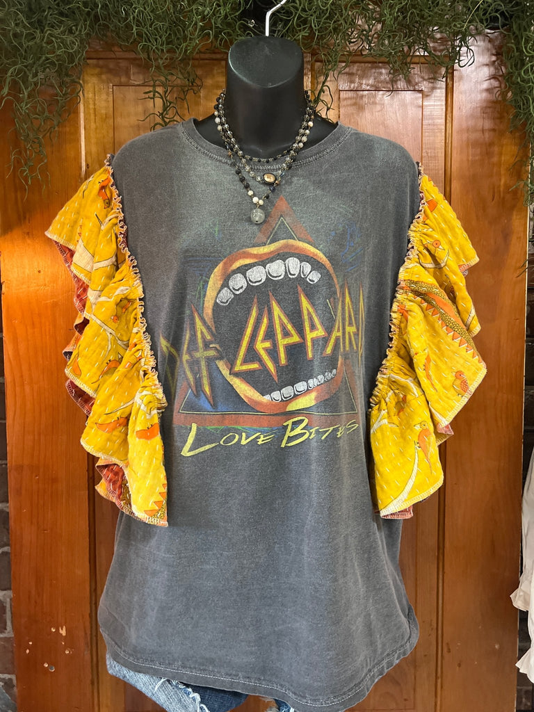 DEF LEPPARD Love Bites ruffle sleeves kantha tee - Main Street Threads