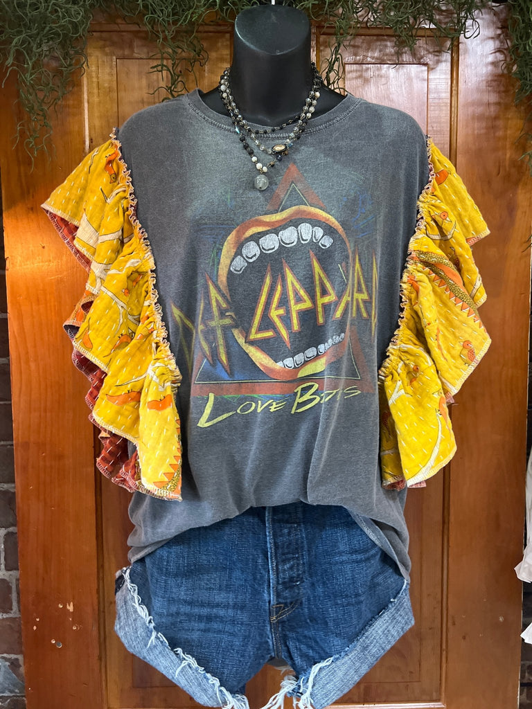 DEF LEPPARD Love Bites ruffle sleeves kantha tee - Main Street Threads