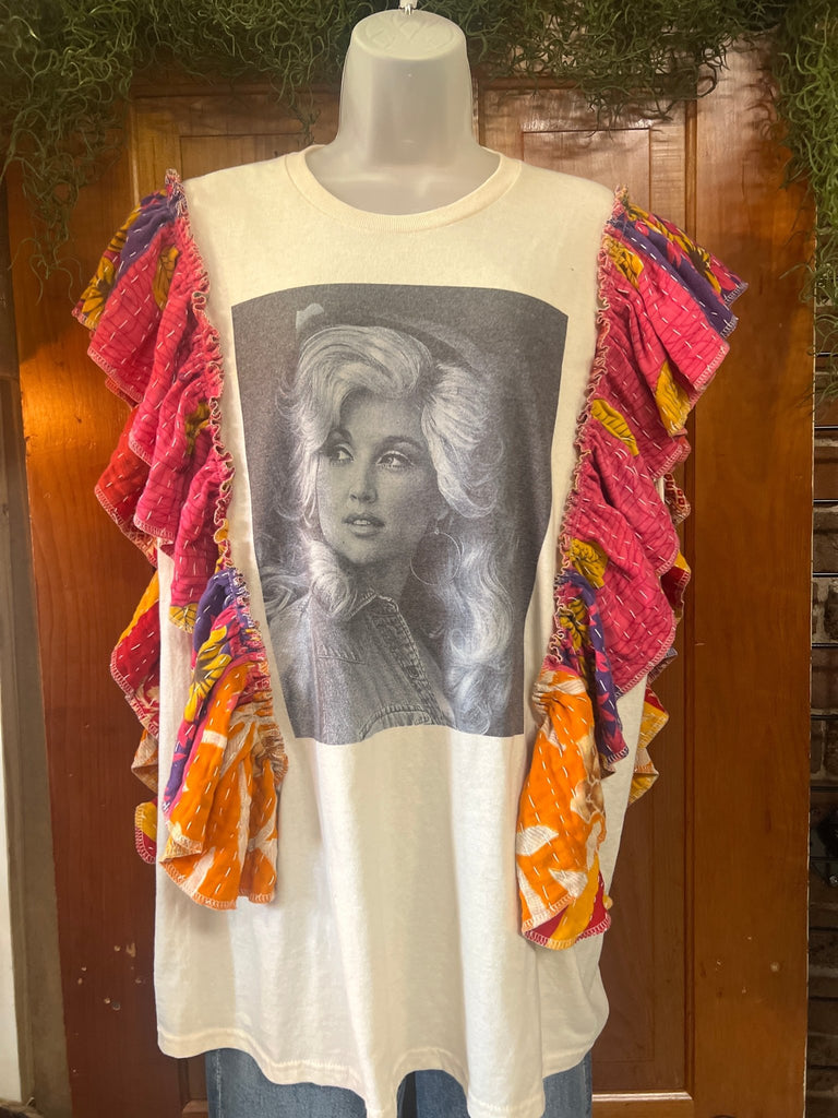 Dolly with pink ruffle sleeves kantha tee - Main Street Threads