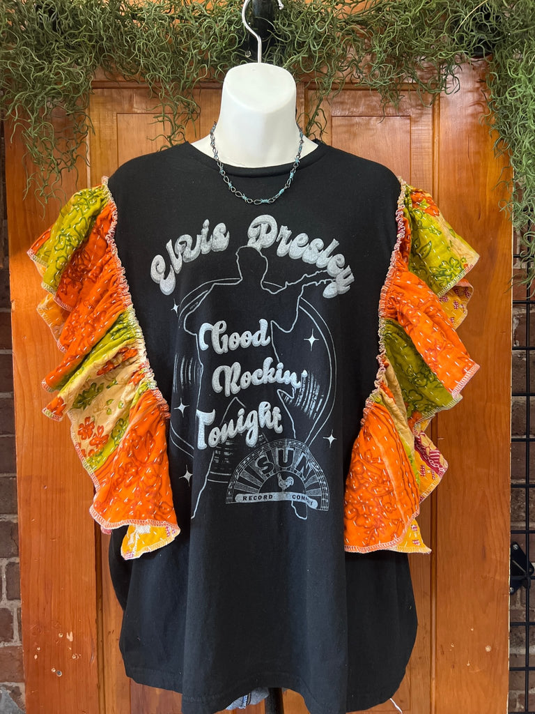 Elvis Presley Good Rockin’ ruffle sleeves kantha tee - Main Street Threads