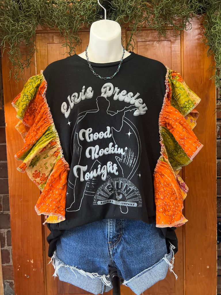 Elvis Presley Good Rockin’ ruffle sleeves kantha tee - Main Street Threads