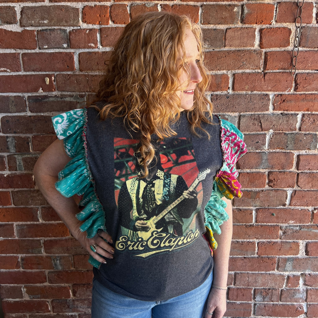 Eric Clapton upcycled Kantha ruffle sleeve festival tee - Main Street Threads