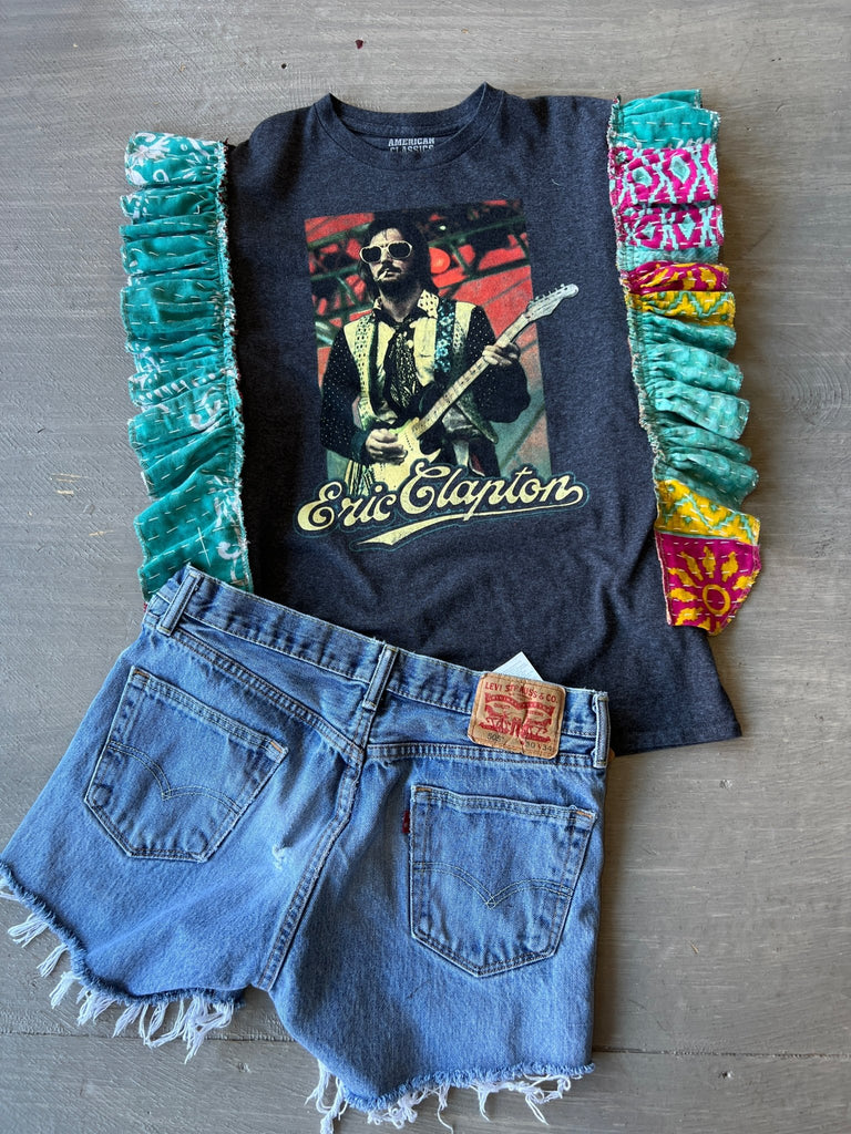Eric Clapton upcycled Kantha ruffle sleeve festival tee - Main Street Threads