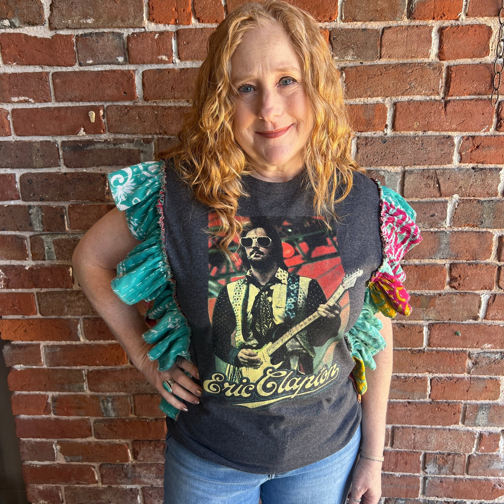 Eric Clapton upcycled Kantha ruffle sleeve festival tee - Main Street Threads