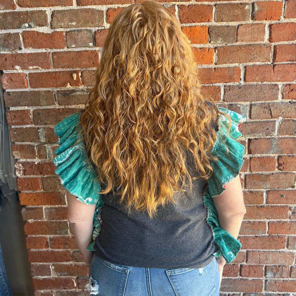 Eric Clapton upcycled Kantha ruffle sleeve festival tee - Main Street Threads