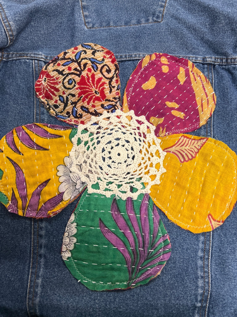 Flower & doillie Upcycled Denim Jacket - Main Street Threads