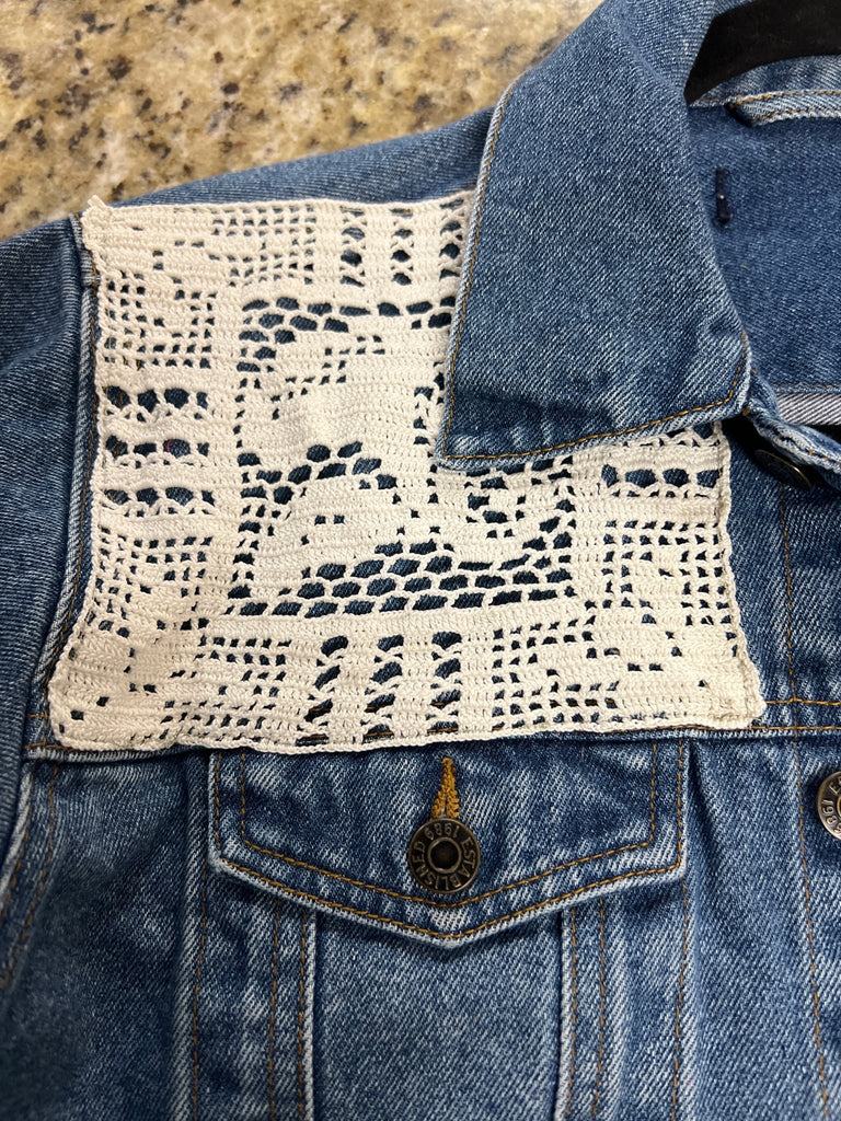 Flower & doillie Upcycled Denim Jacket - Main Street Threads