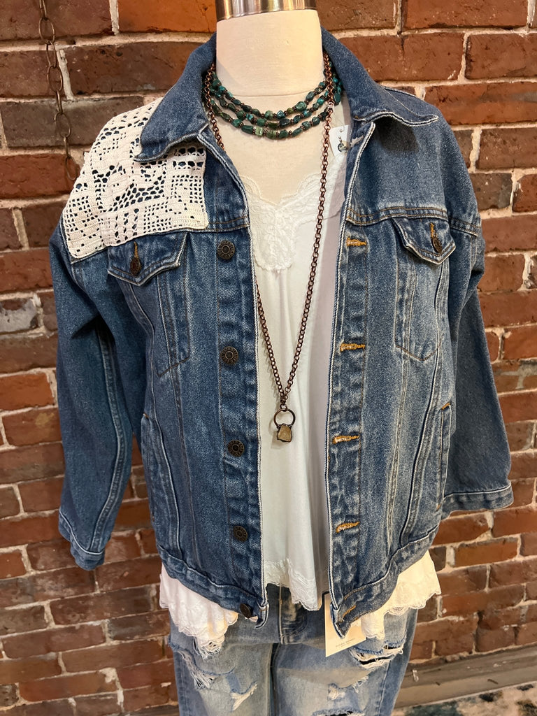 Flower & doillie Upcycled Denim Jacket - Main Street Threads