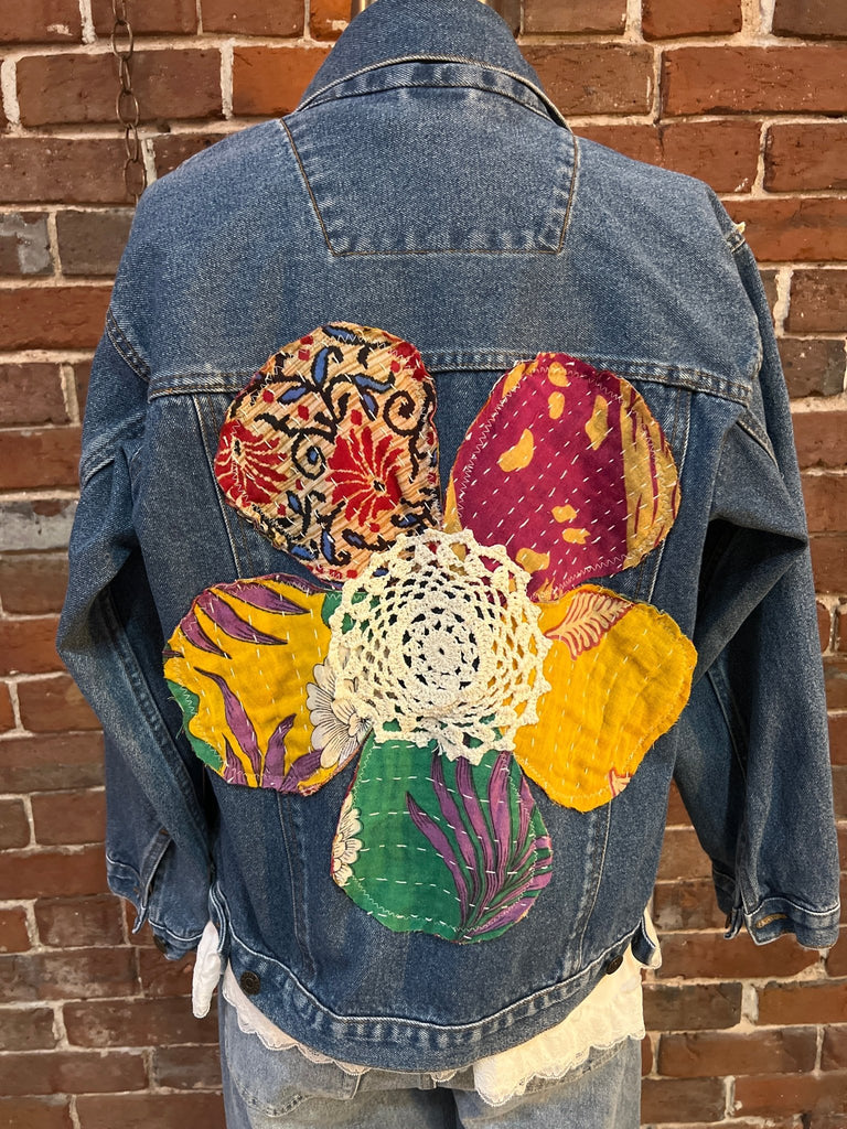 Flower & doillie Upcycled Denim Jacket - Main Street Threads