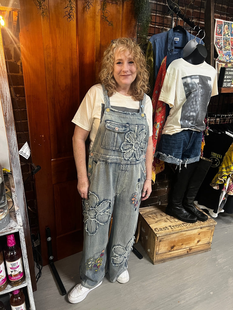 Flower & embroidery vintage washed denim overalls - Main Street Threads