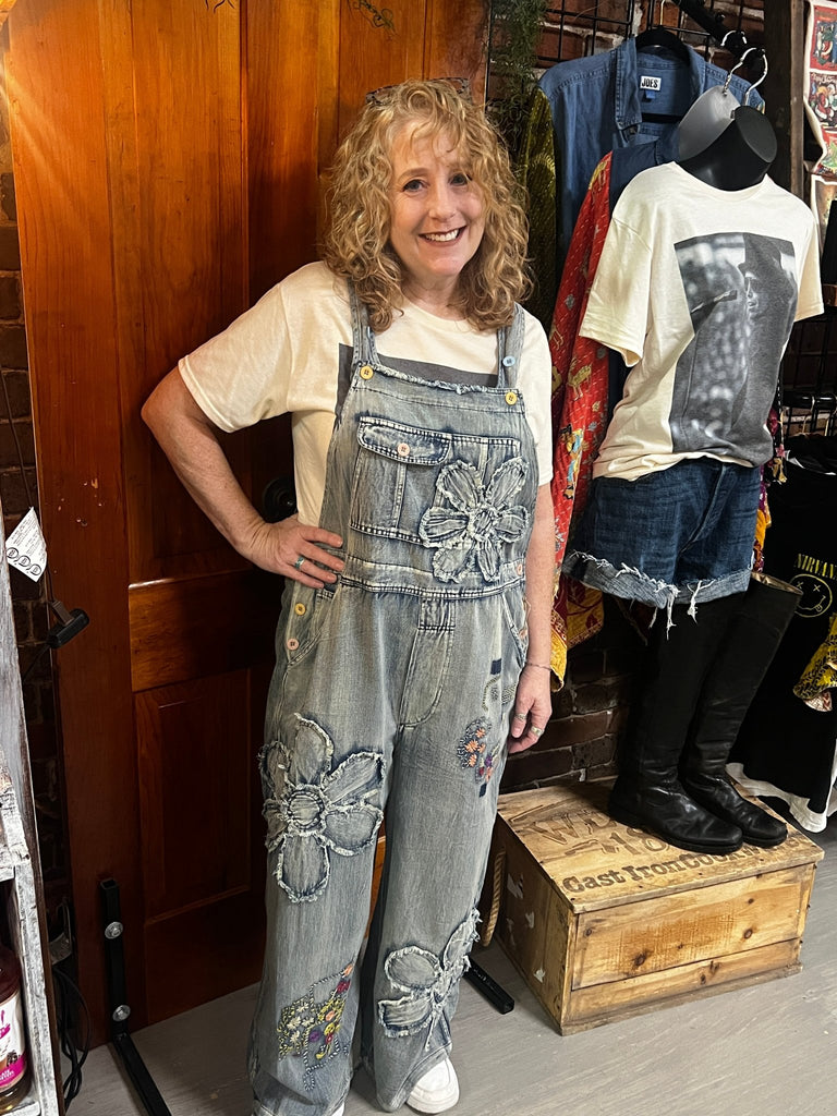 Flower & embroidery vintage washed denim overalls - Main Street Threads
