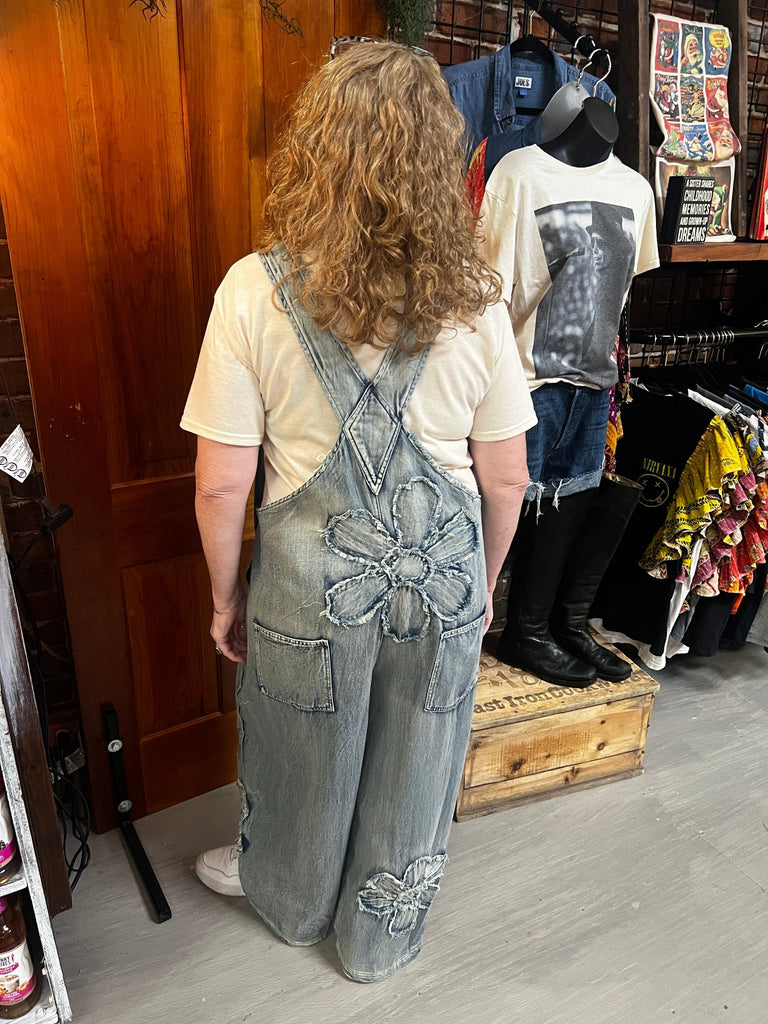 Flower & embroidery vintage washed denim overalls - Main Street Threads