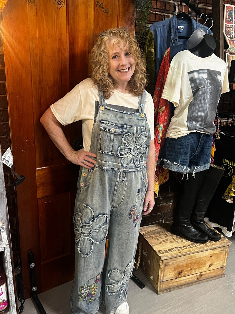 Flower & embroidery vintage washed denim overalls - Main Street Threads