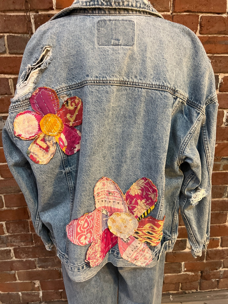 Flower Garden Upcycled Denim Jacket - Main Street Threads