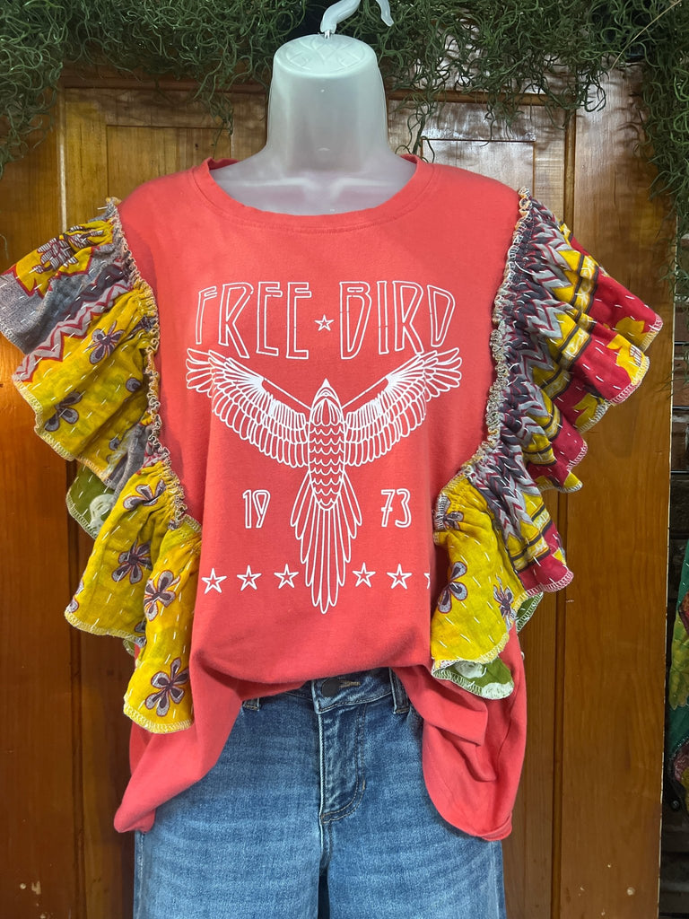 FREE BIRD ruffle sleeves kantha tee - Main Street Threads