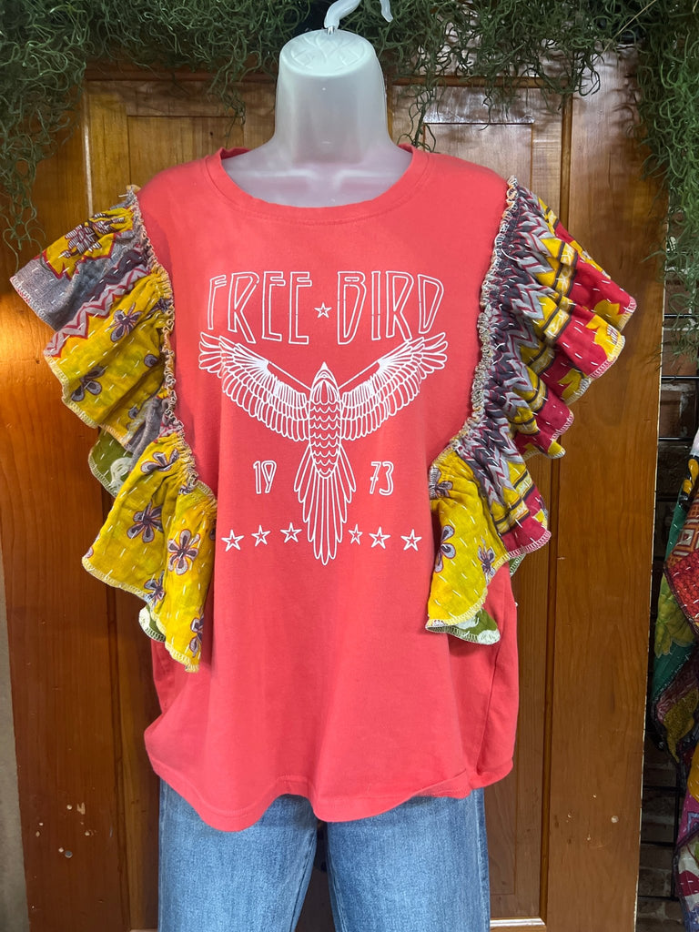 FREE BIRD ruffle sleeves kantha tee - Main Street Threads