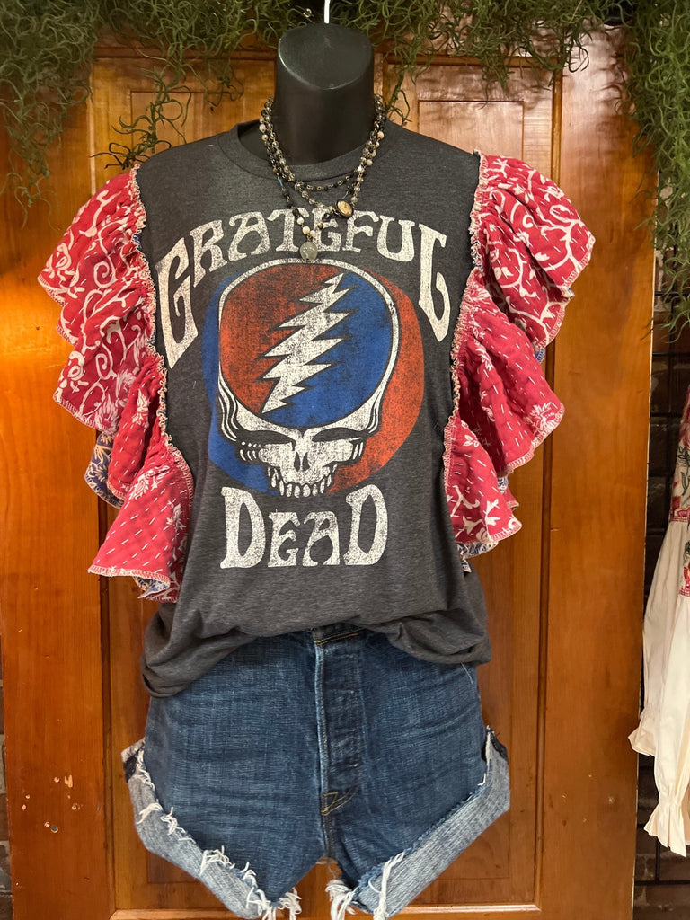 Grateful Dead ruffle sleeves kantha tee - Main Street Threads