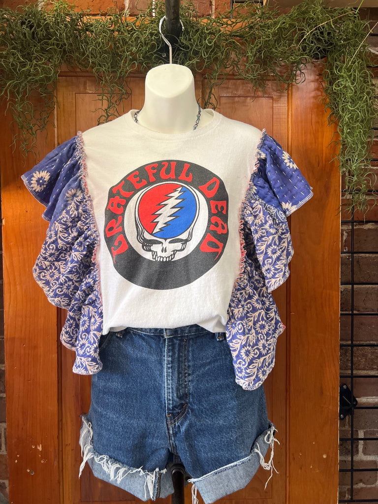 Grateful Dead ruffle sleeves kantha tee - Main Street Threads