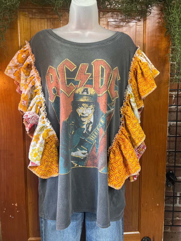 Gray AC/DC ruffle sleeves kantha tee - Main Street Threads